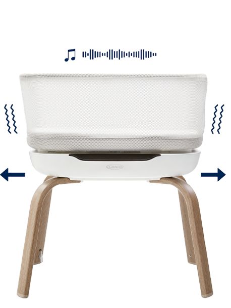 Graco Eluma Nest bedside crib front angle on blue and white background with graphics indicating motions.