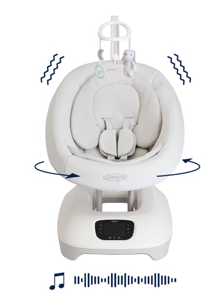 Graco Eluma Sway soothing baby swing front angle with infant insert on blue and white background with graphics indicating motions.